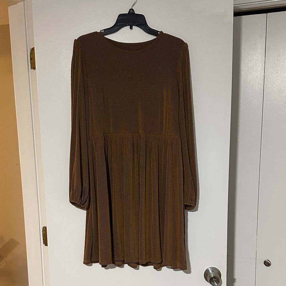 Elegant Brown Texture Stripe Long Sleeve Dress